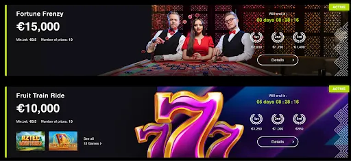 Fortune Frenzy tournament banner showing dealers at a roulette table and €15,000 prize