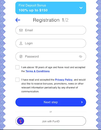 Librabet Registration Step 1 showing First Deposit Bonus bar and input fields Librabet registration step one form with First Deposit Bonus 100% up to $150 highlighted above email, login, and password fields