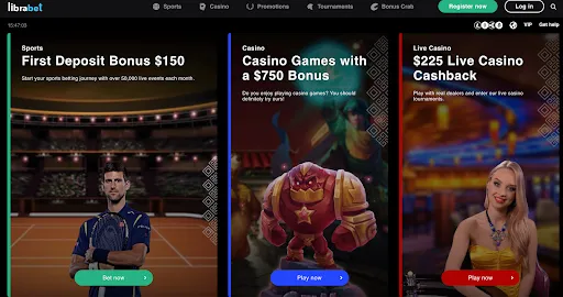 Librabet promotions featuring sports, casino games, and live casino offers Librabet promotions section with sports first deposit tennis bonus, casino games bonus and live casino cashback banners