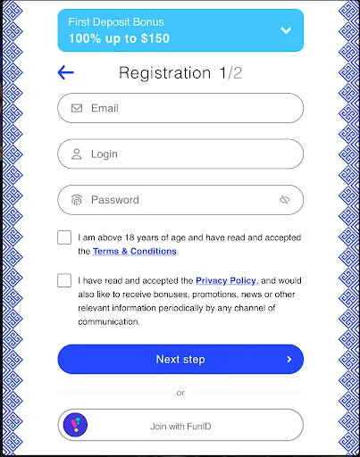 Librabet registration form step one showing first deposit bonus dropdown and email, login, password fields
