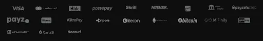 List of supported payment methods including Visa, Mastercard, BLIK, Postepay, Skrill, NETELLER, Payz, Klarna, AstroPay, Ripple, Litecoin, Ethereum, Bitcoin, MiFinity, giropay, eZeeWallet, CartaSi, Neosurf