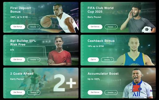 Librabet promotions featuring deposit bonus, sports early payouts and accumulator boost Librabet promotions grid showing First Deposit Bonus, FIFA Club World Cup 2025 early payout, Bet Builder risk free, Cashback Bonus, 2 Goals Ahead early payout and Accumulator Boost offers